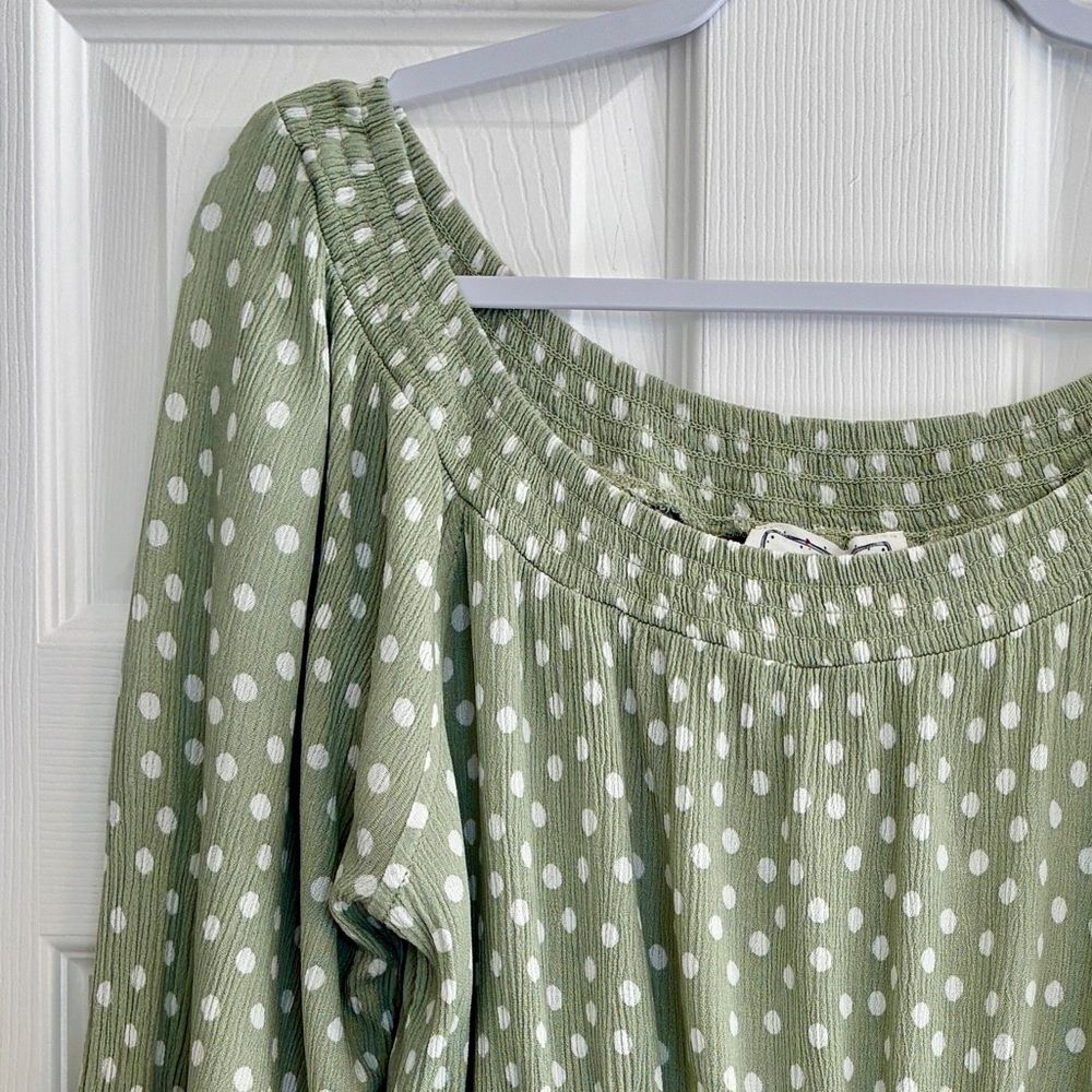 Hippie Rose Top XL Green Polka Dot Peasant  Boho Smocked Babydoll Cottagecore - Picture 3 of 11
